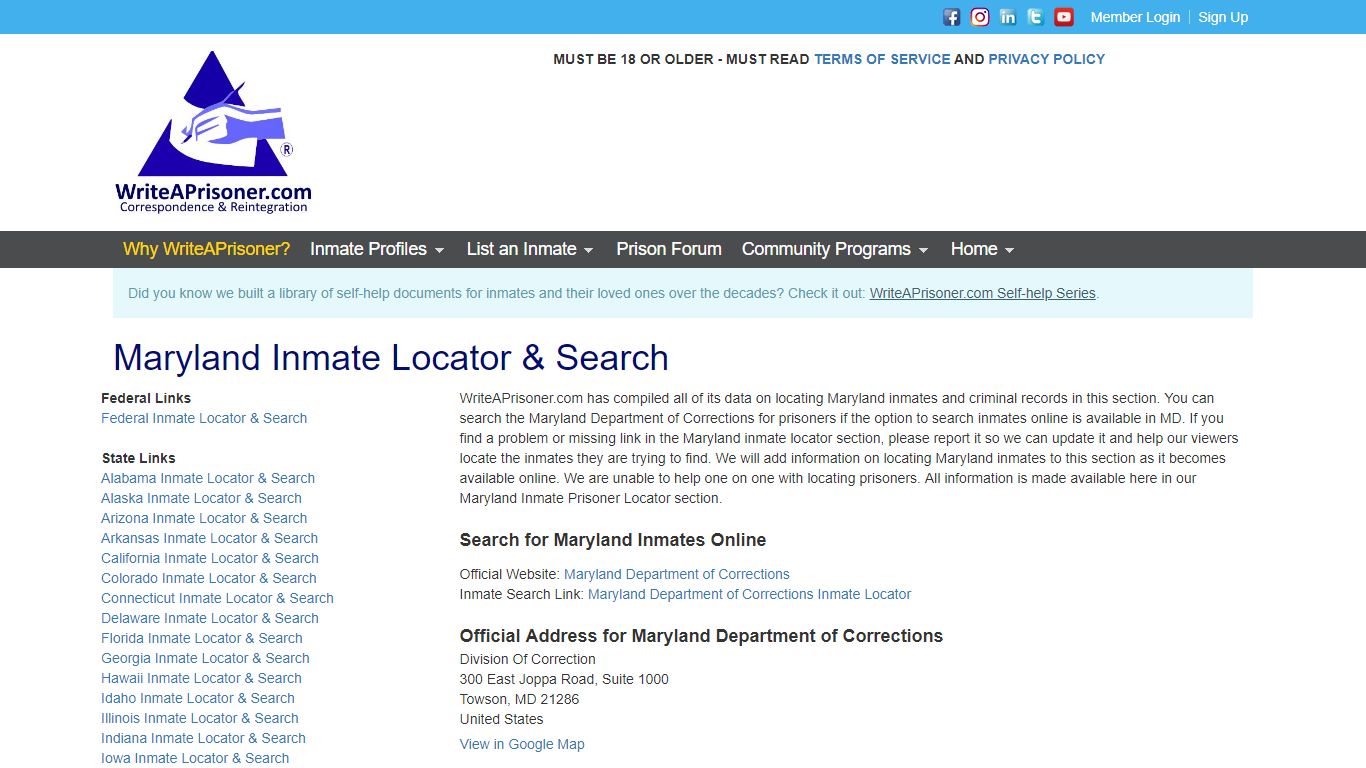 Maryland Inmate Locator & Search | WriteAPrisoner.com